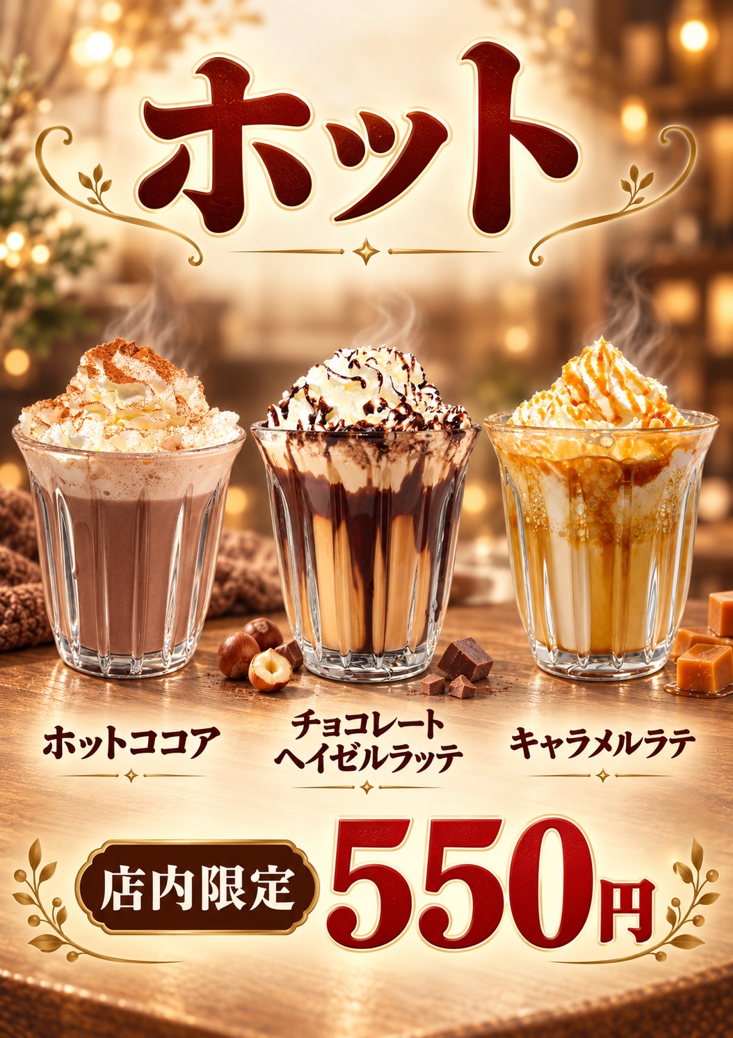 ホットドリンクのポスター。ホットココア、チョコレートヘイゼルラテ、キャラメルラテ。店内限定550円。